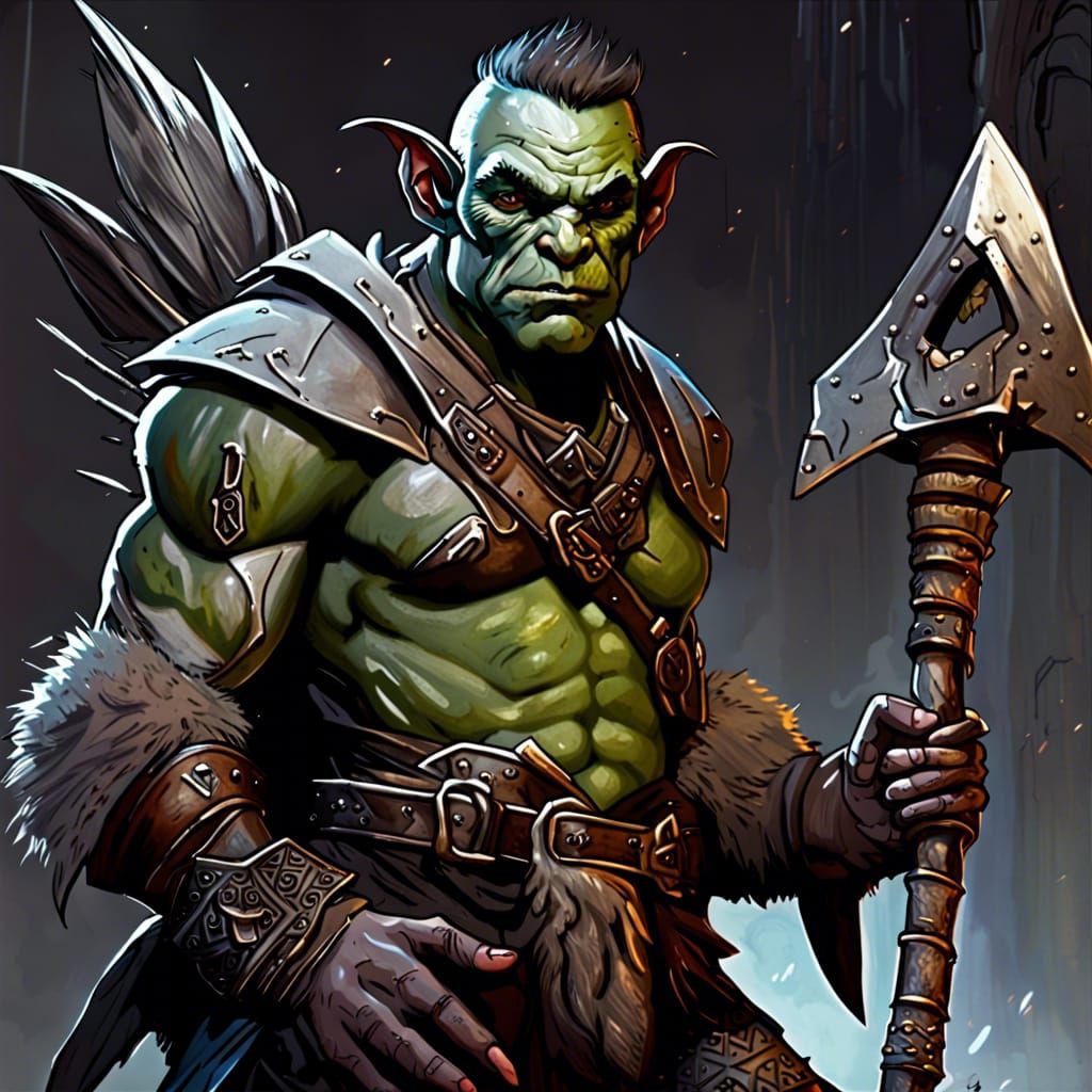 Half-Orc Warrior with Axe in Dark Fantasy Style