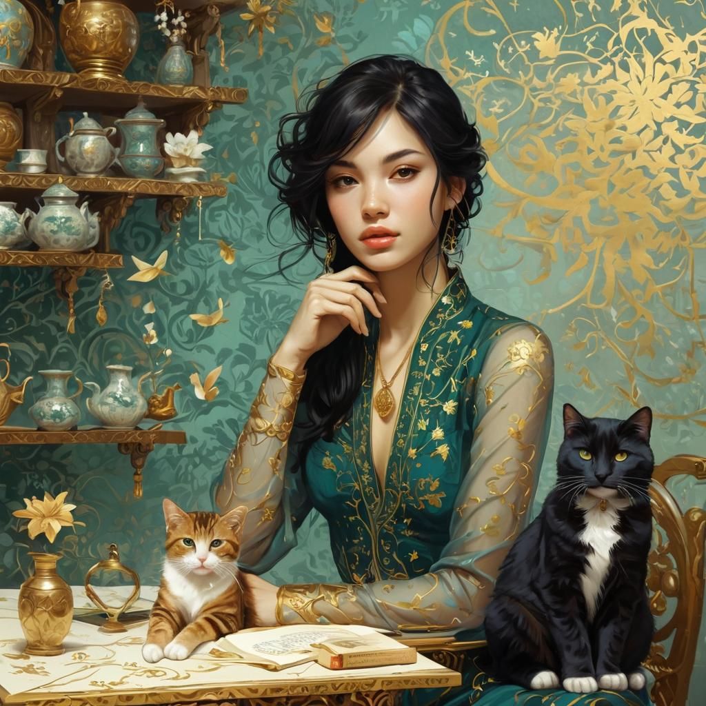 Golden Cat with Jasmine Arabesques Digital Painting