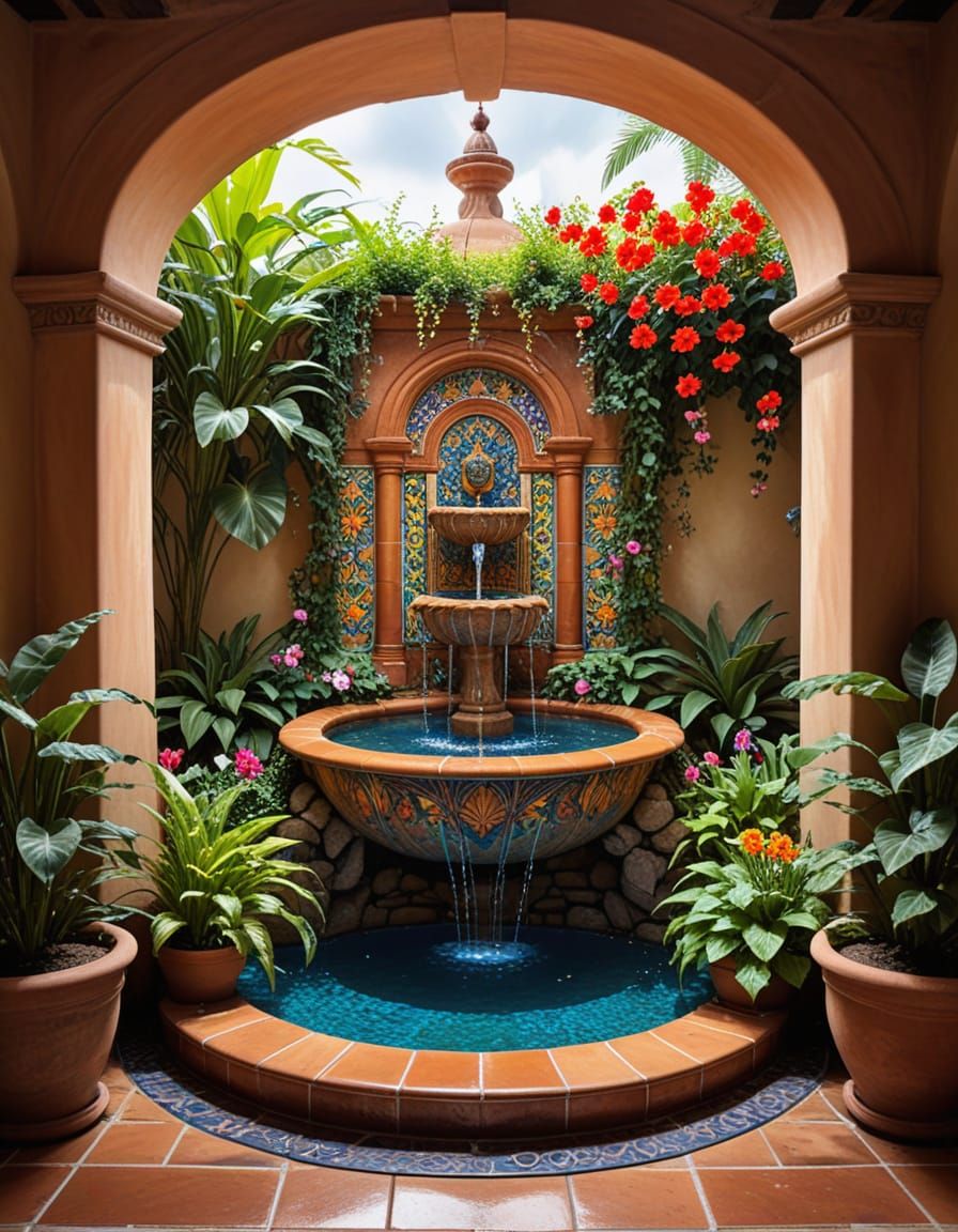 Ornate Water Fountain in Grotto with Colorful Plants