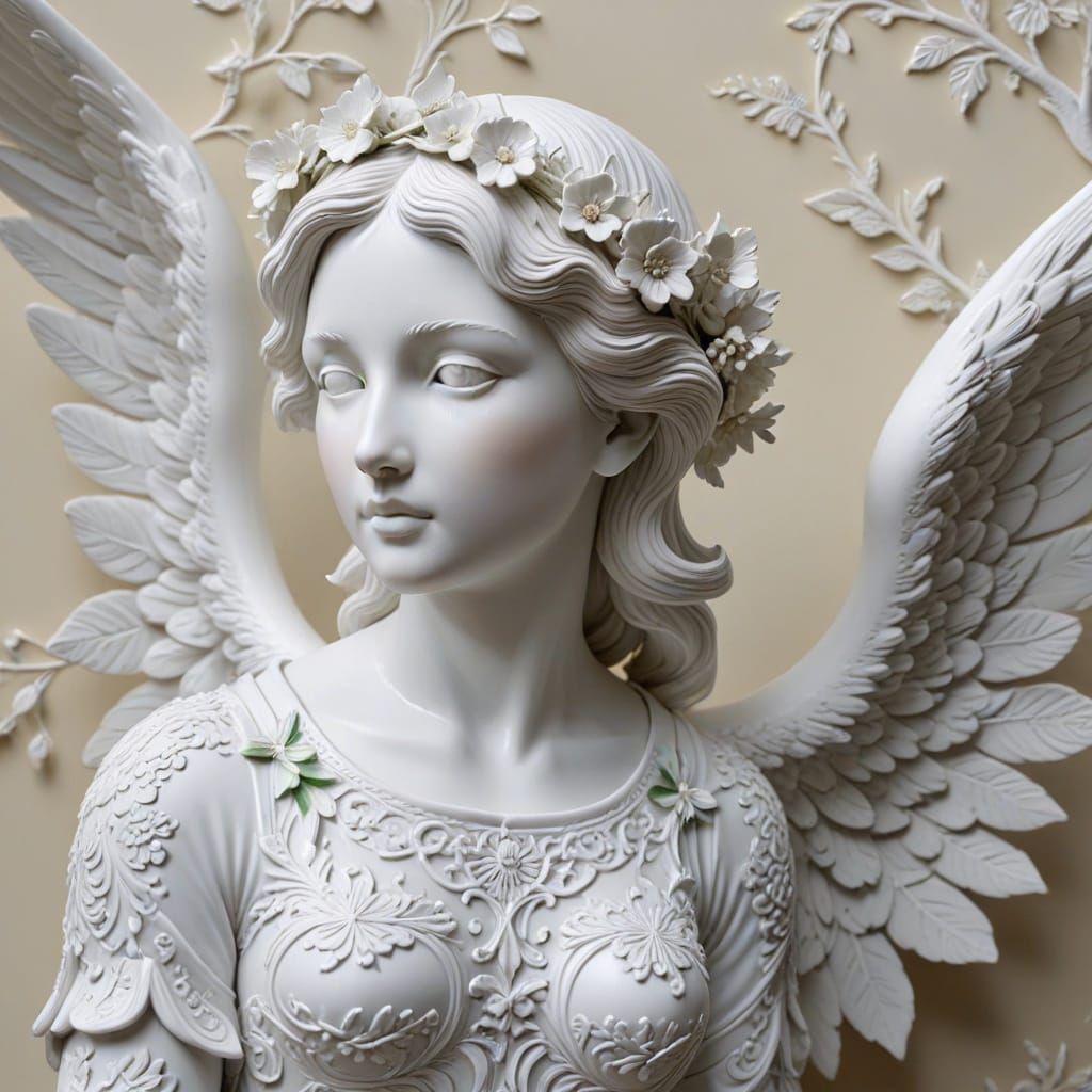 Angel in Porcelain with Floral Patterns in Photorealistic St...