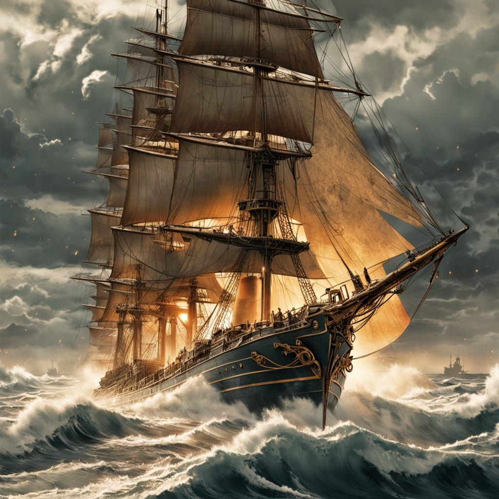 SMS Helgoland Battleship in Stormy Seas - Art Nouveau Style