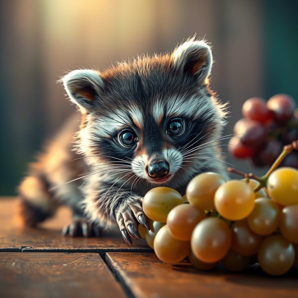 Baby Raccoon Reaching for Grapes, Hyperrealistic Digital Art