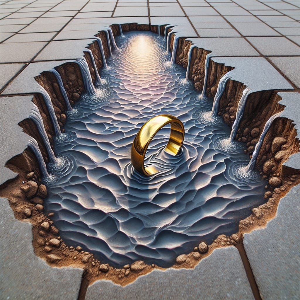 Illusionary 3D Street Art of River and Gold Ring