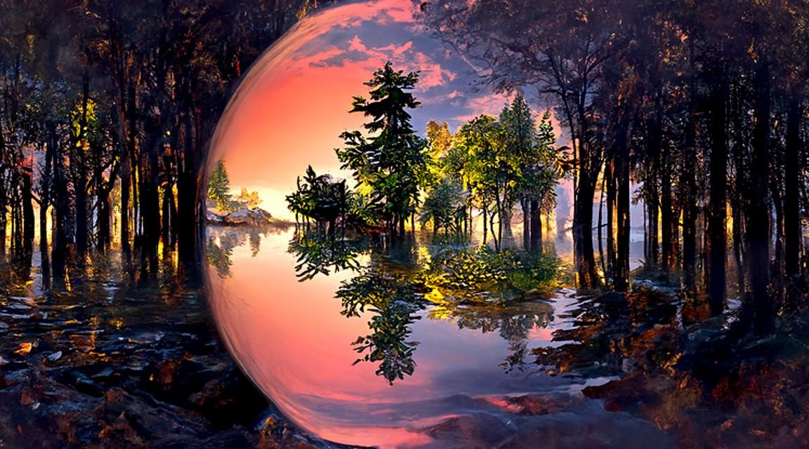 Fantasy Sunset Over Forest Lake with Magical Orb