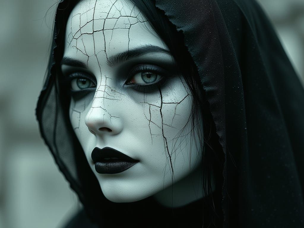 Ethereal Gothic Woman with Cracked Porcelain Skin