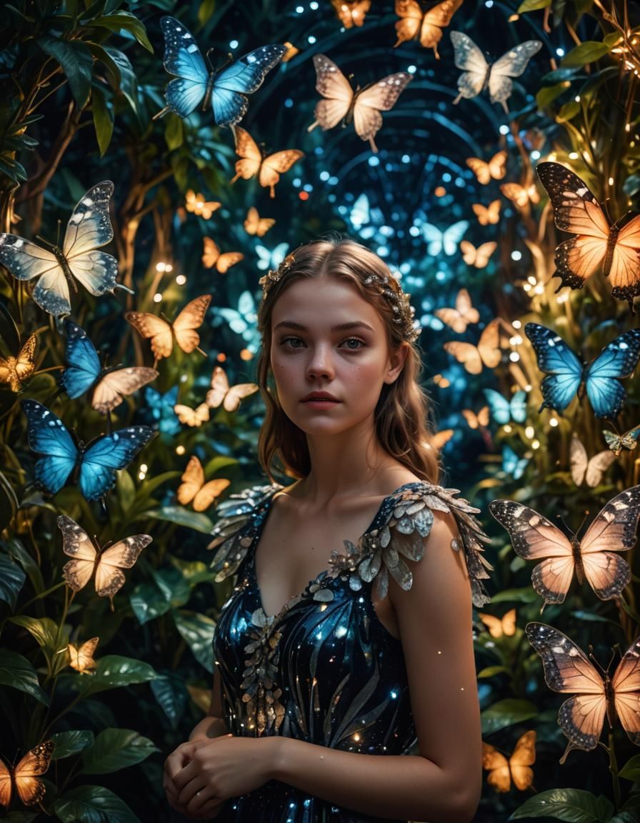 woman in a botanical garden. Around her 3 big butterflies. W...
