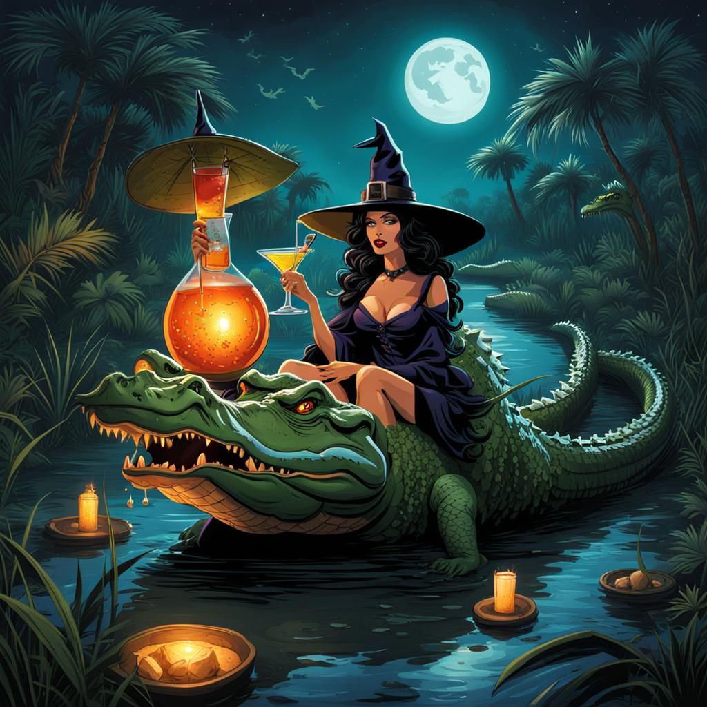 Witch Rides Alligator Through Swamp at Night