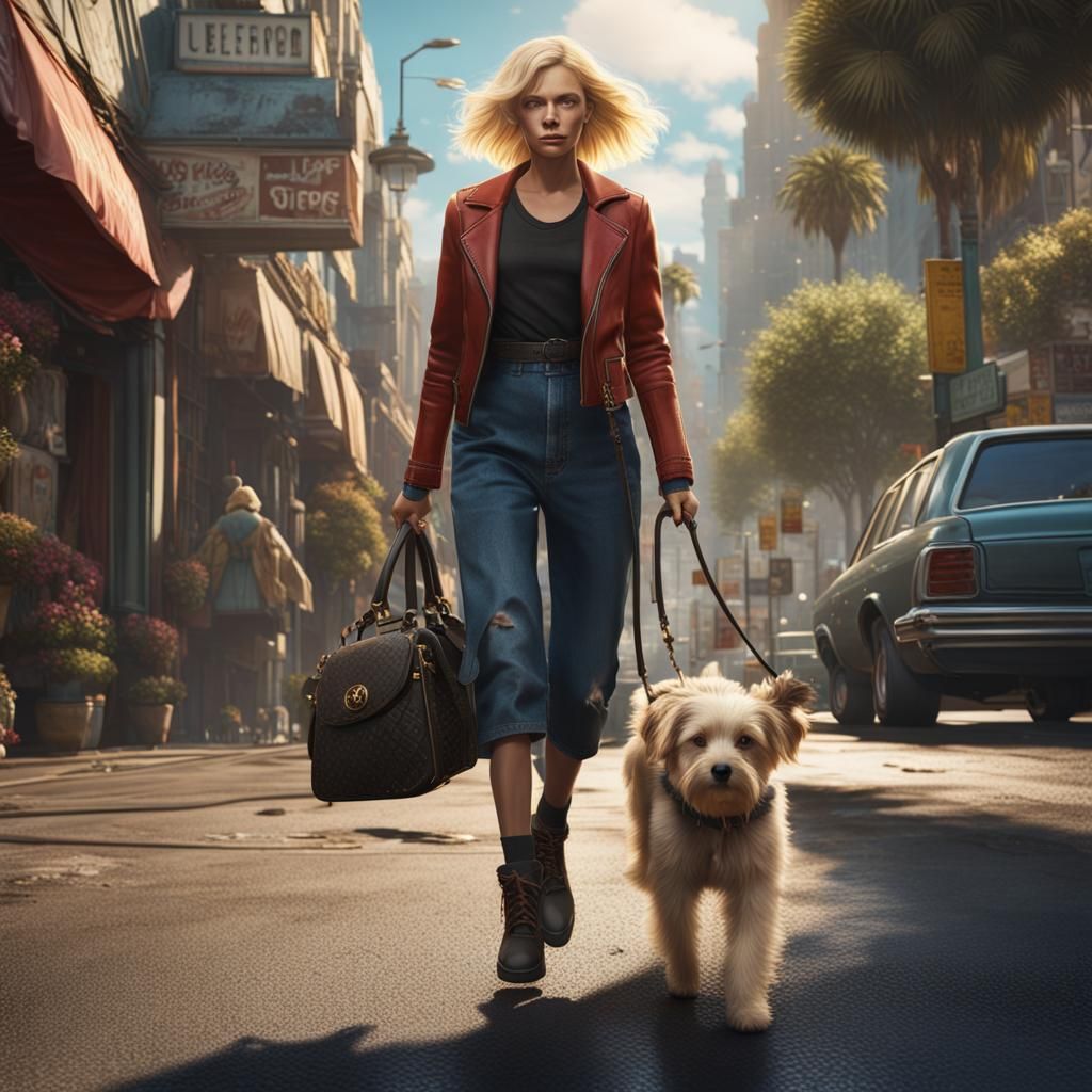 Woman Walking Dog in Hollywood, Detailed Matte Painting