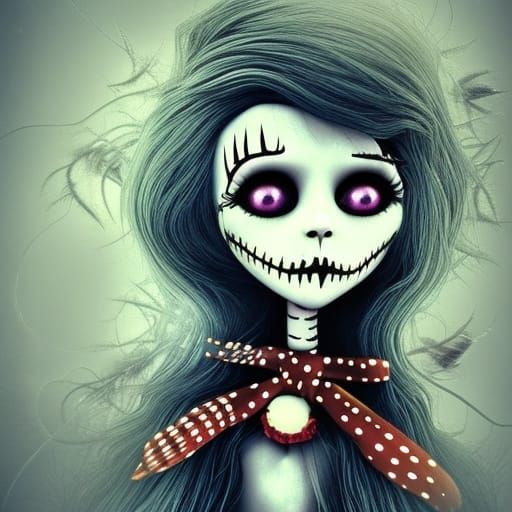Cursed doll, sally nightmare before christmas, christmas trees in the background, style of Tim Burton, intricately detai...