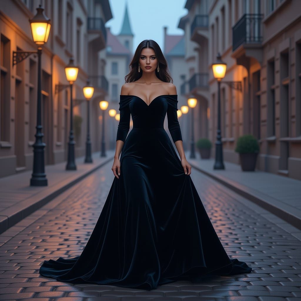 Renaissance Woman in Misty Dusk Street, Dramatic Lighting