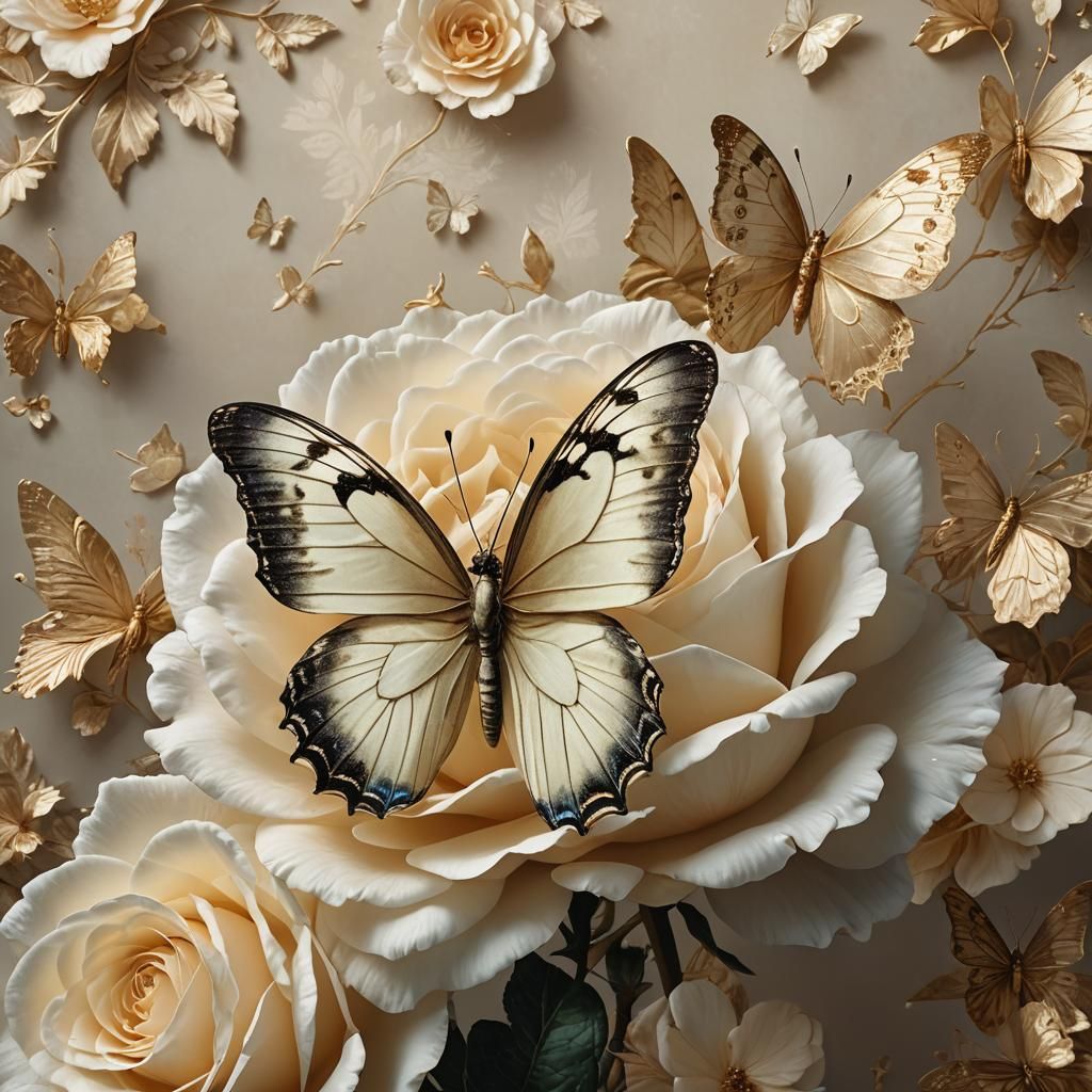 Brocade Butterfly on White Rose in Baroque Style