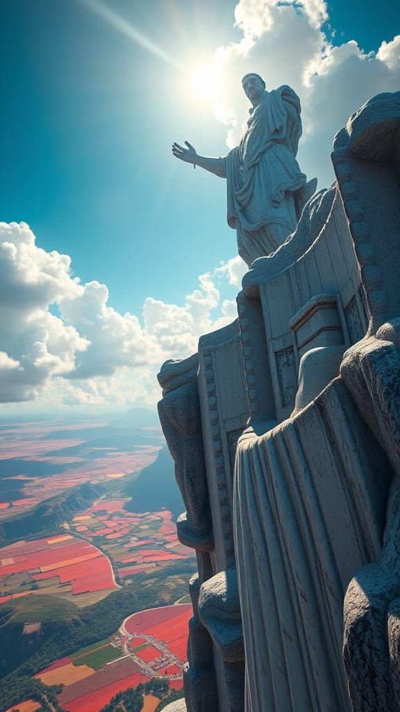 Colossal Greek God Marble Statue in Clouds