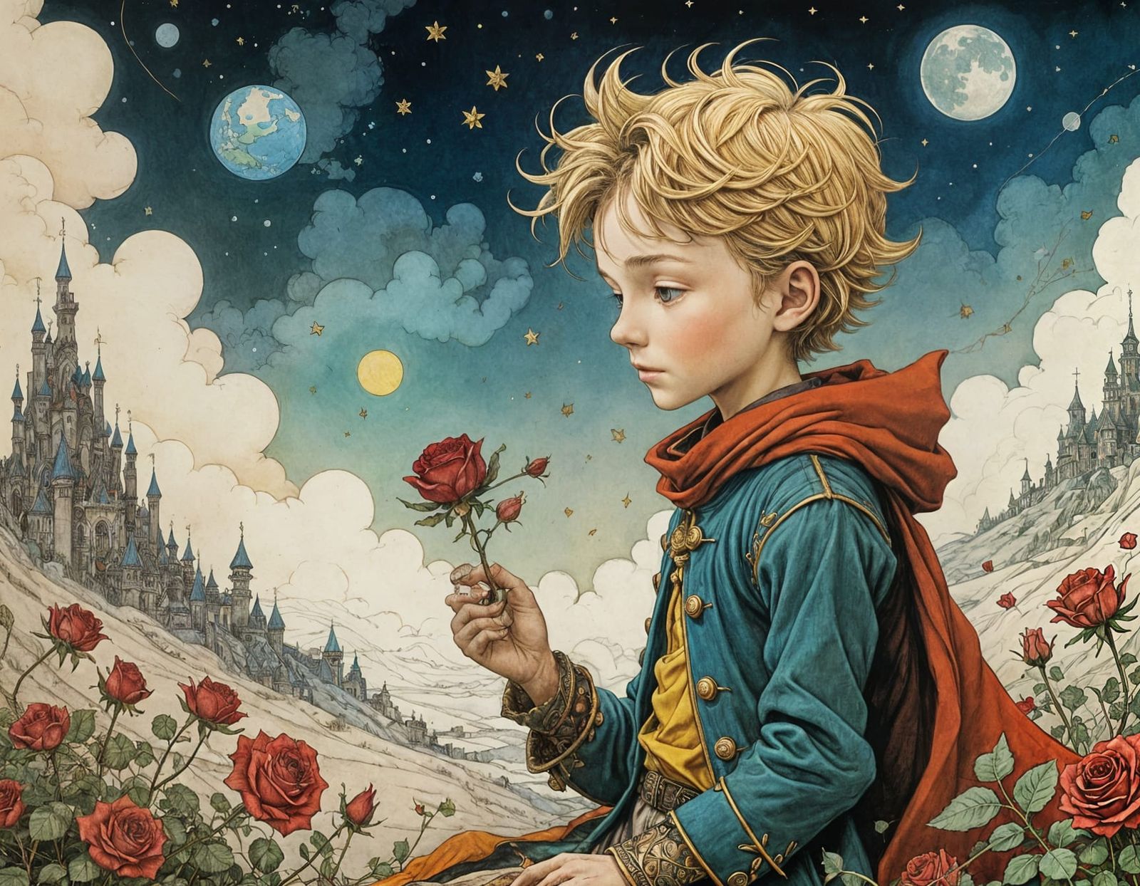 The Little Prince and Rose: Intricate Illustration