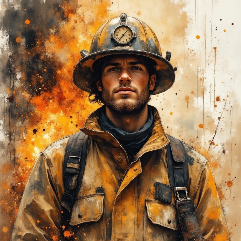 Handsome Firefighter After Wildfire in Rustic Watercolor Sty...