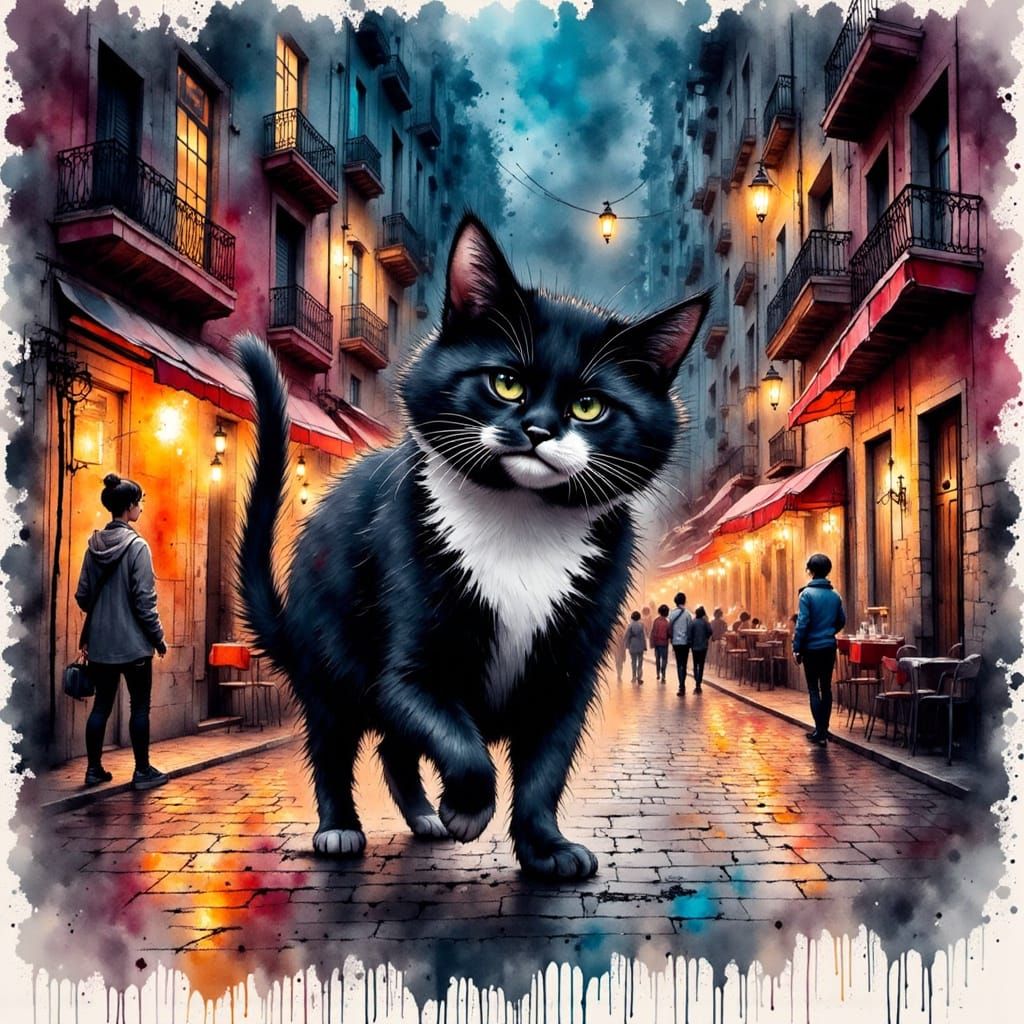 Sleek Tuxedo Cat Strolls Barcelona Streets at Night