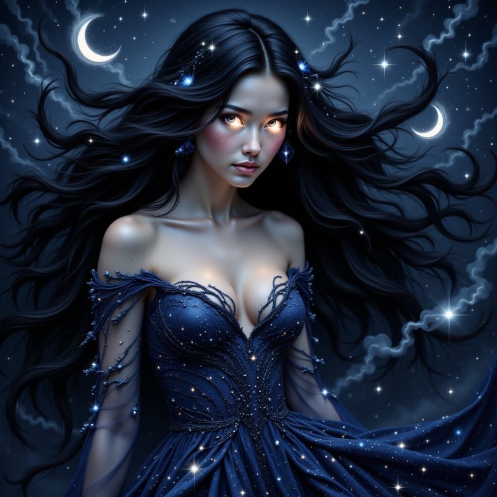 Night Goddess Adorned with Stars in Ethereal Fantasy Style