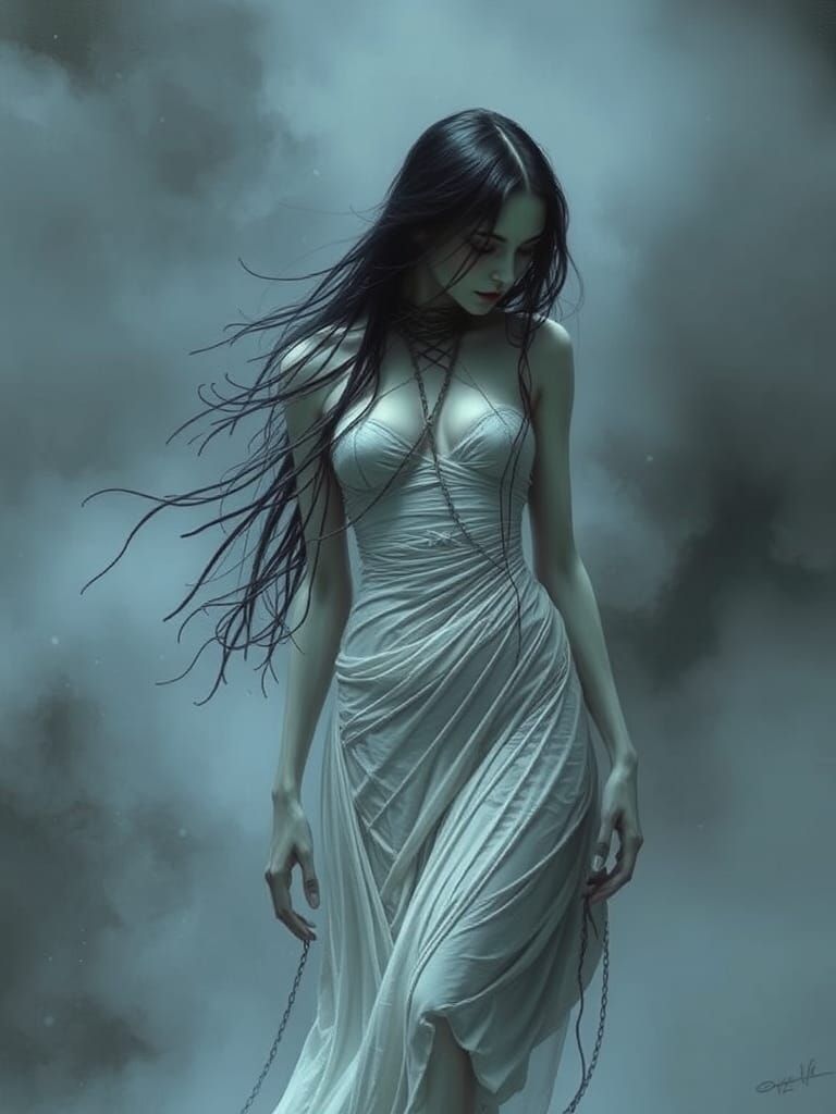 Ethereal Albino Figure in Fog, Dark Fantasy Art