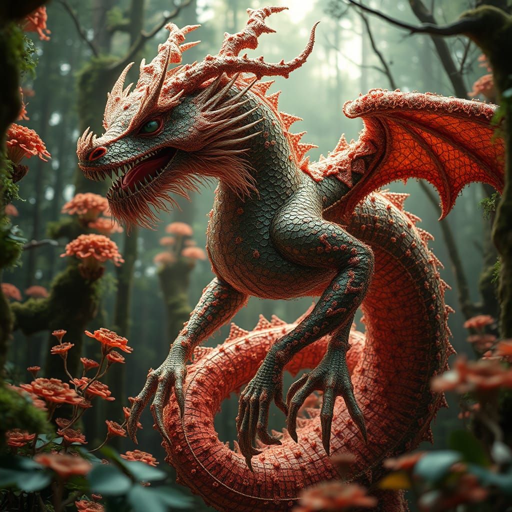 Dragon-Woman Transhumanism in Forest, Detailed Digital Art