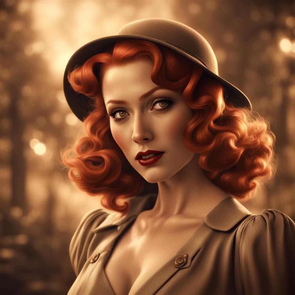 Redhead Pinup in 1930s Style, Sepia Tone