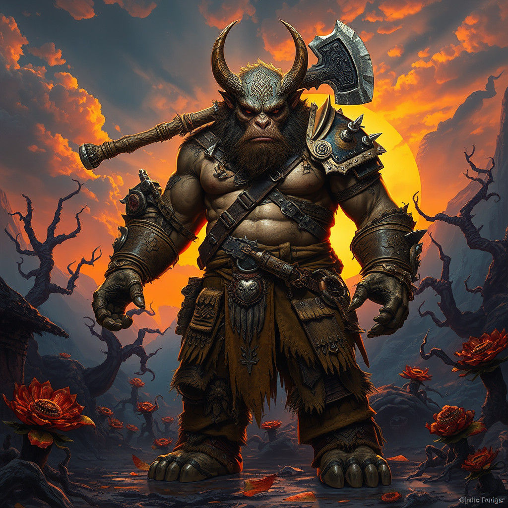 Blighted Bugbear Barbarian in Post-Apocalyptic Landscape