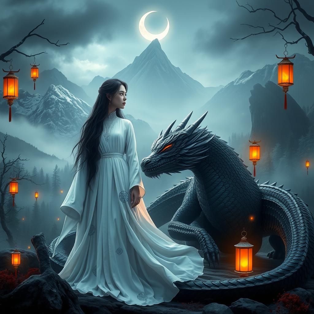 Mystical Woman with Wolf and Dragon in Landscape