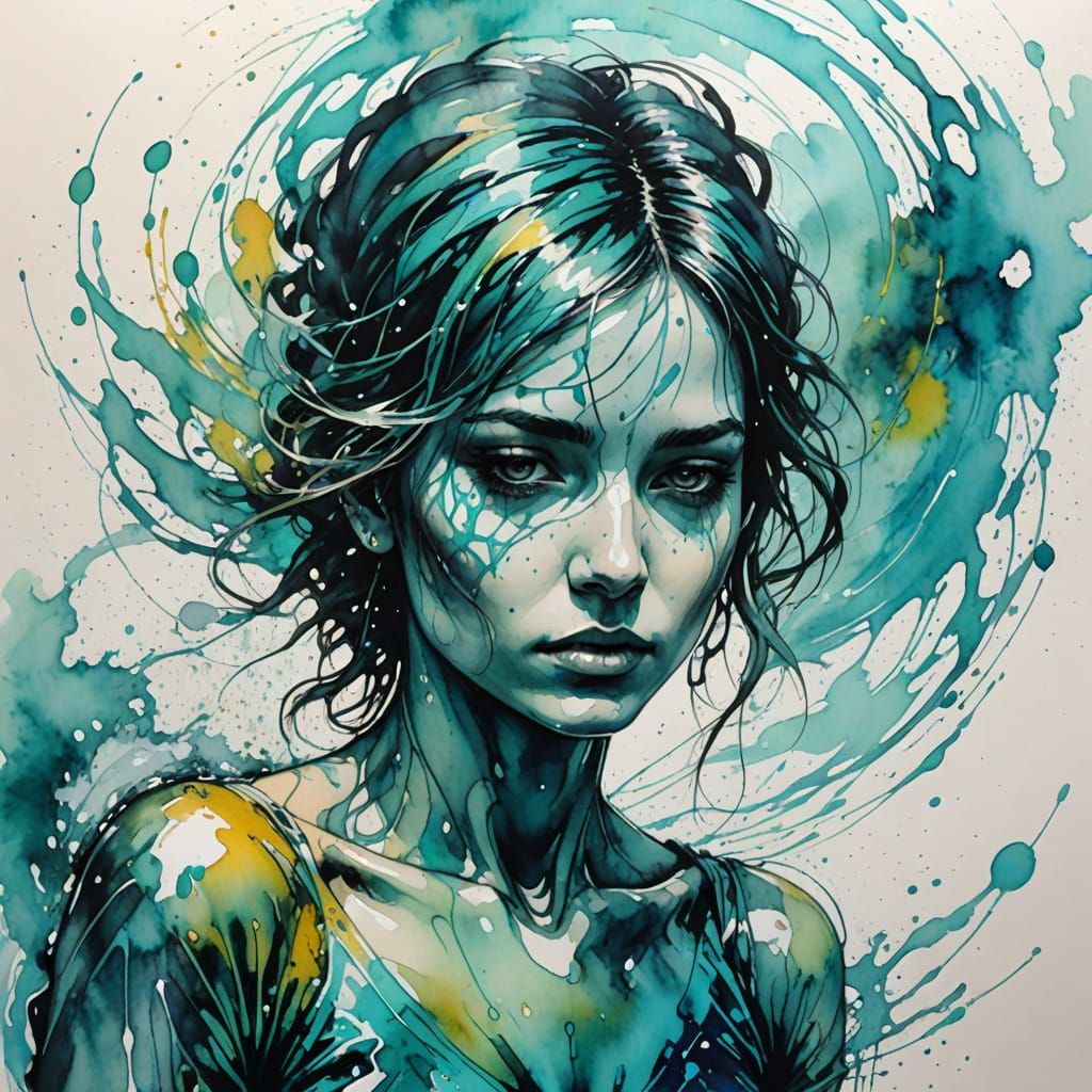 Watercolor Figure Emerging from Water with Ink Splashes