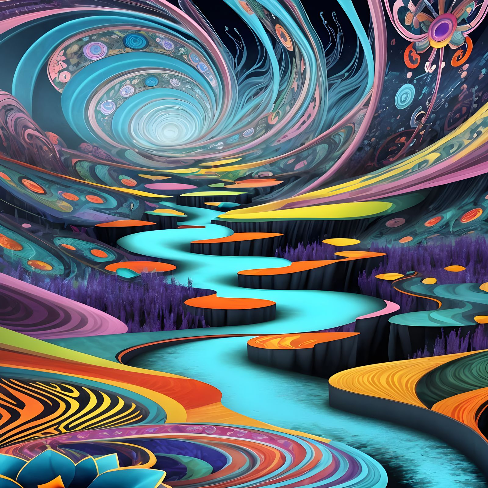 Kaleidoscopic Garden with Flowing River and Geometric Shapes