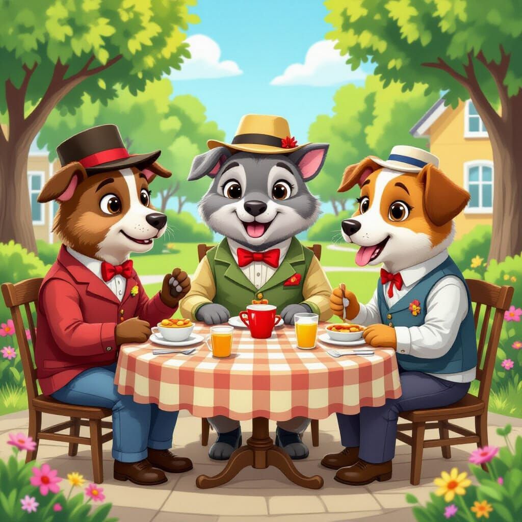 Whimsical Animals in Human Clothes, Playful Cartoon Scene