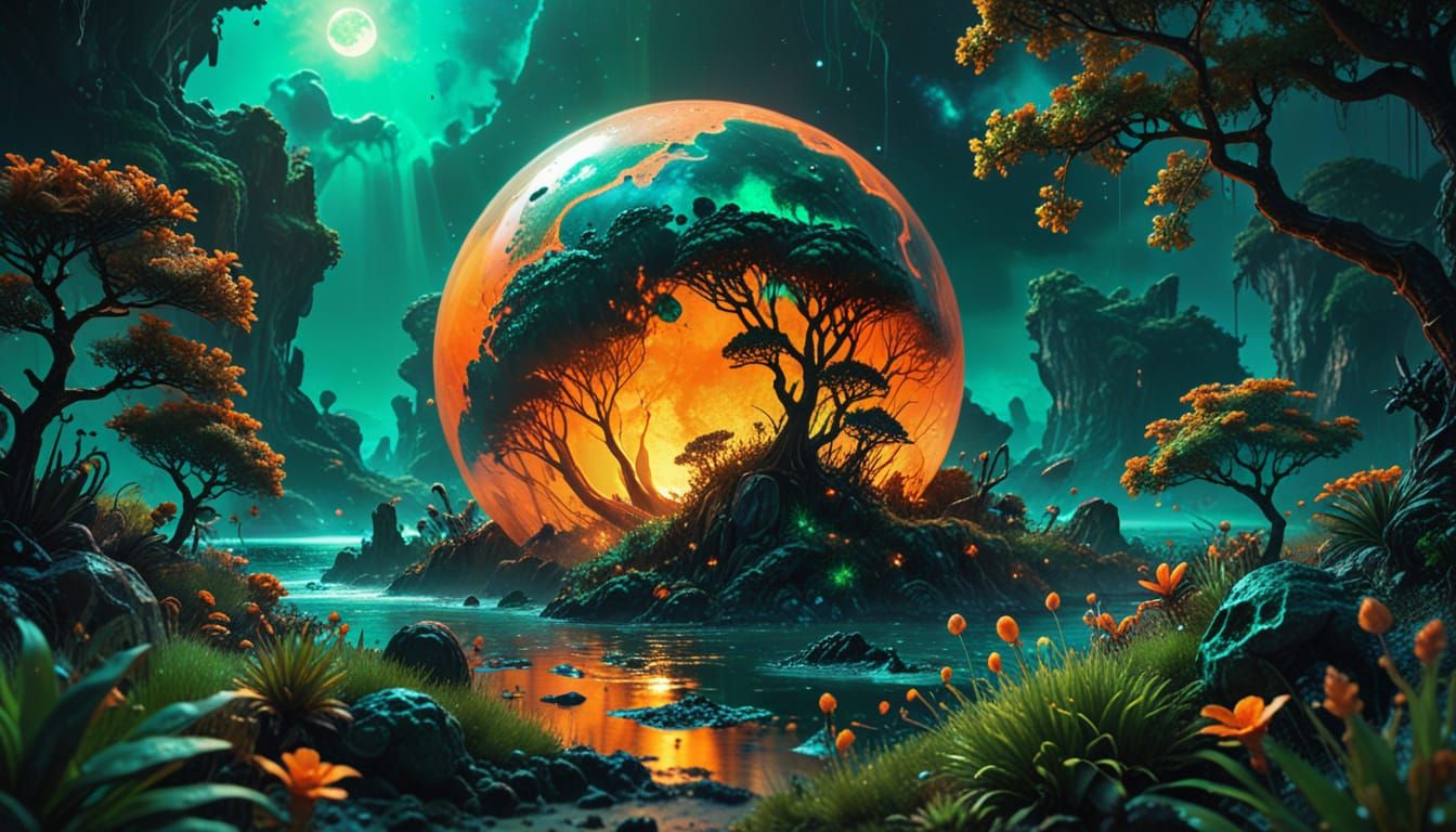 Bioluminescent Alien Planet in Fluid Art Style