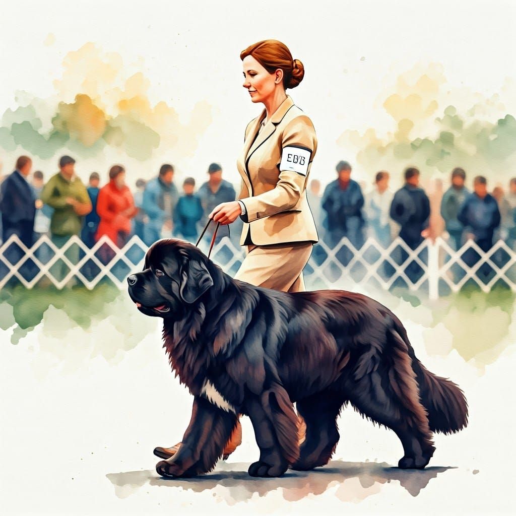 Elegant Woman and Newfoundland Dog in Watercolor