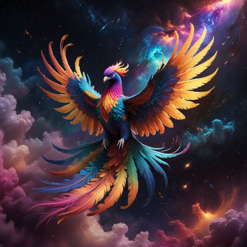 Ethereal Rainbow Phoenix Soars Above the Milky Way