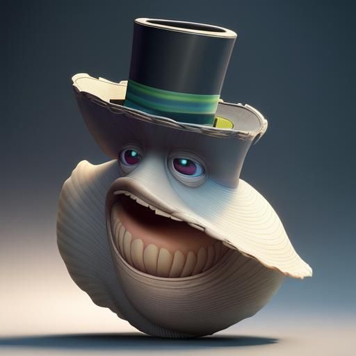 Clam with Revolver and Top Hat: Pixar-Style 3D Art
