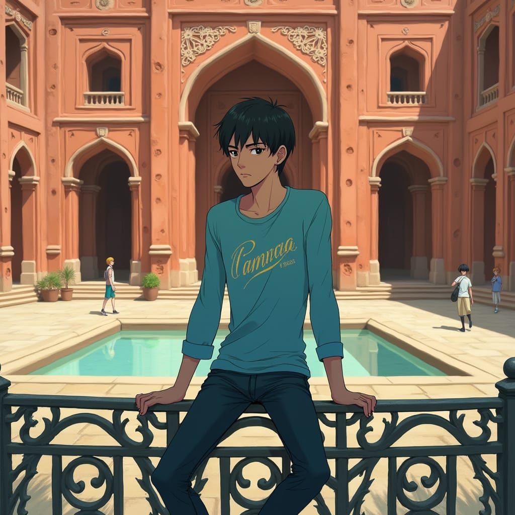 Young Man Reflects in Ancient Red Sandstone Courtyard