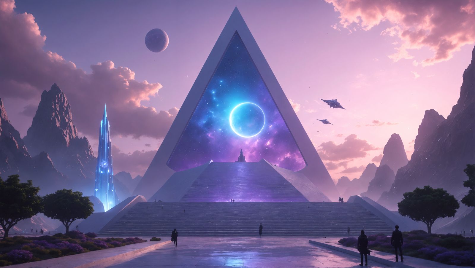 Ethereal Futuristic City Plaza with Cosmic Window