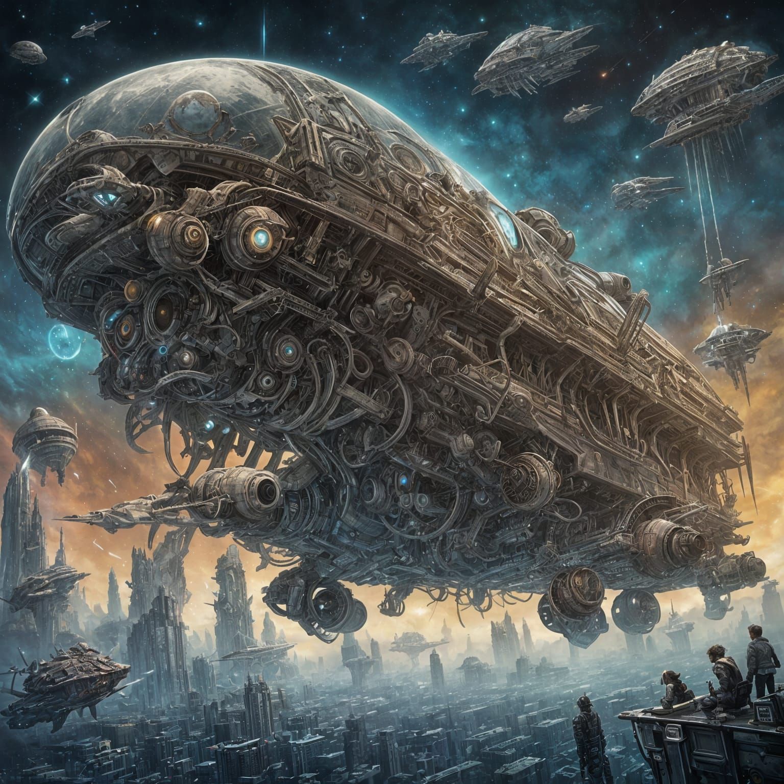 Mechanical Cuttlefish Ascend Over Futuristic Metropolis