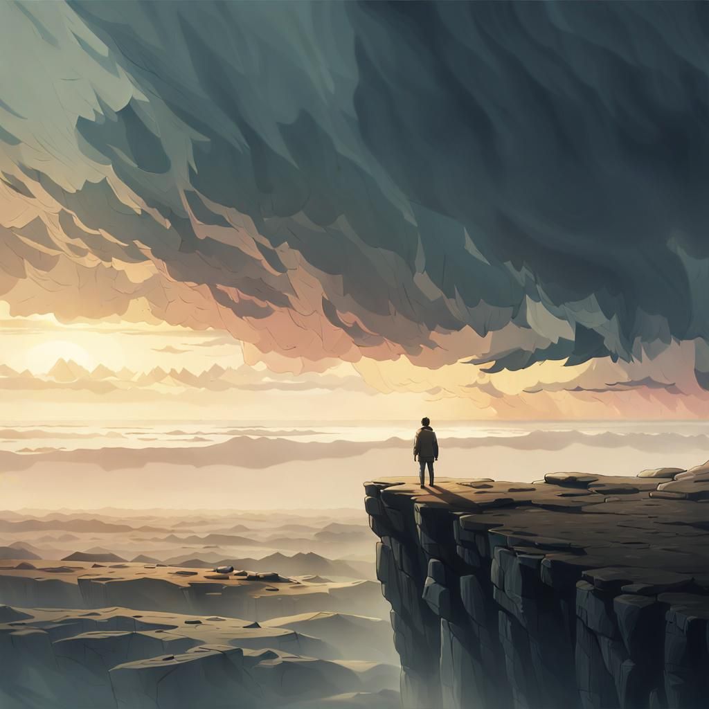 Contemplative Figure at Cliff's Edge in Hazy Landscape