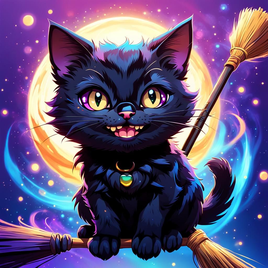 Black Cat on Broom in Chibi Anime Style