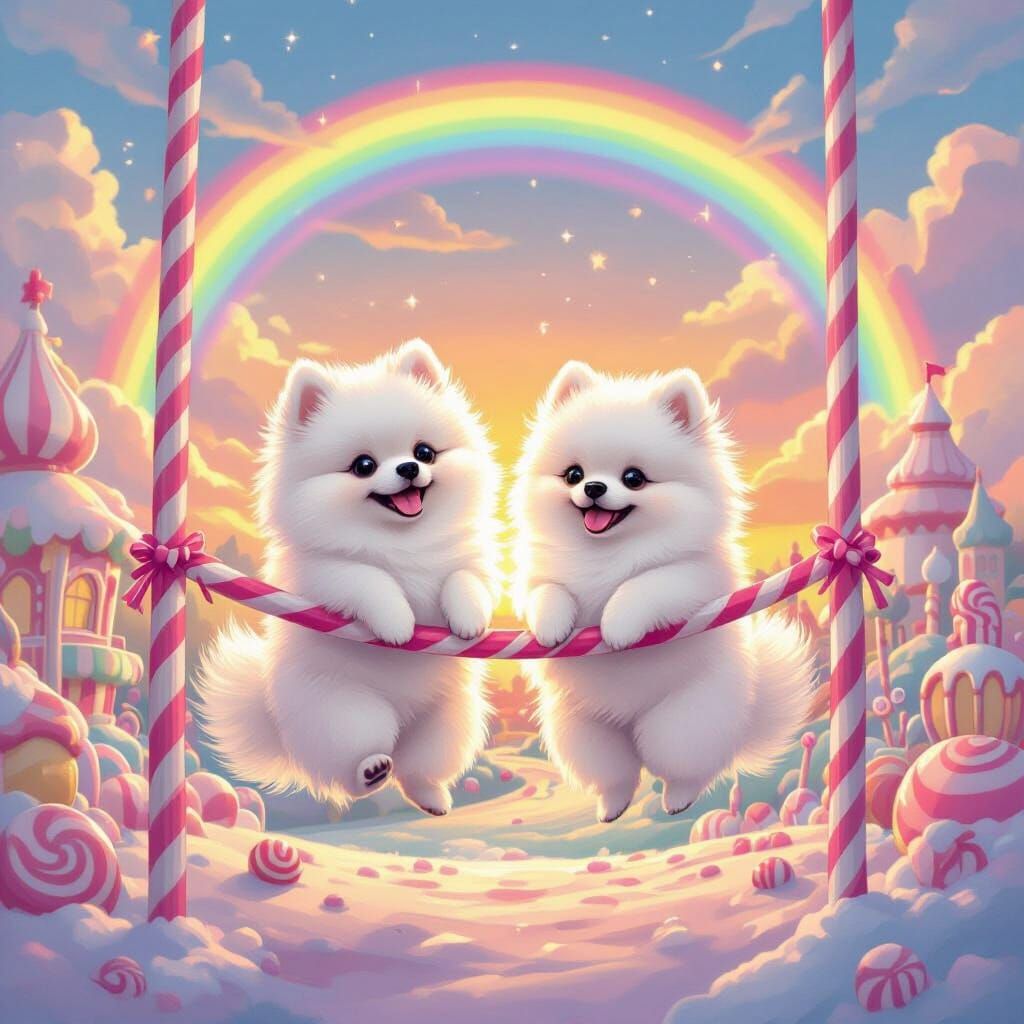 Pomeranians Swinging in Candy Land Playground with Rainbow