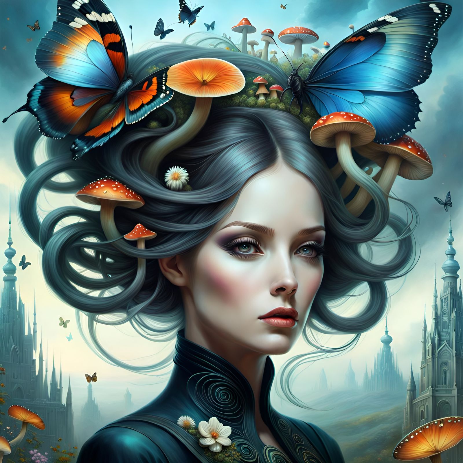 Surreal Woman Portrait in Cyberpunk Gothic Dreamscape