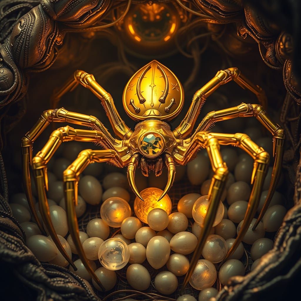 Golden Spider in Biomechanical Den with Glowing Eggs