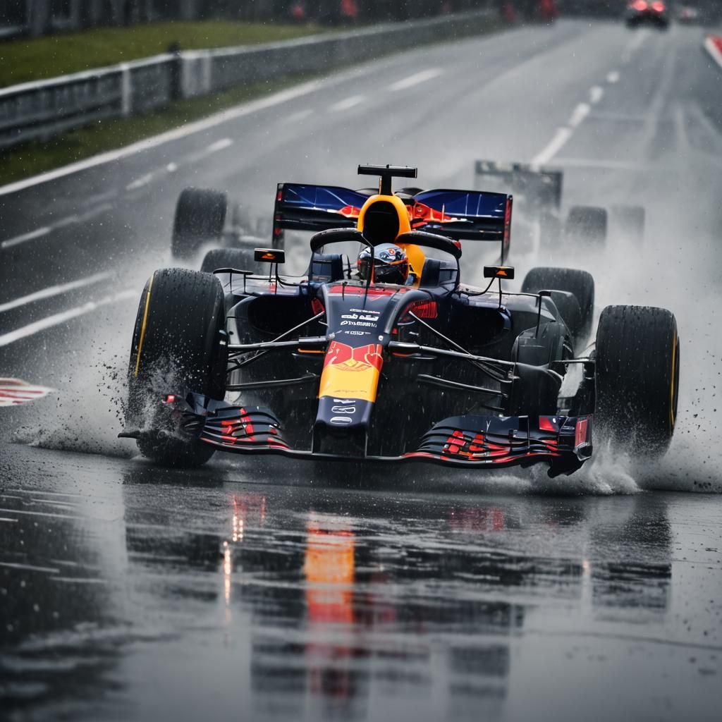 Red Bull Racing Car on Wet Track in Dynamic Photo