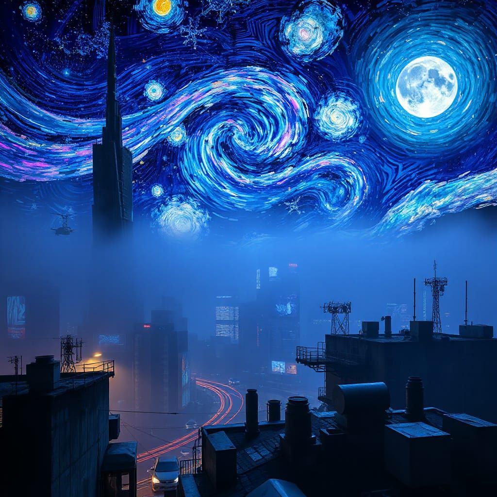 Cyberpunk Starry Night: Blade Runner Meets Van Gogh