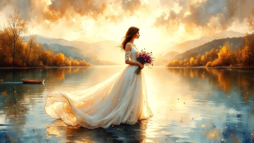 Elegant Lady in Flowing Dress with Roses