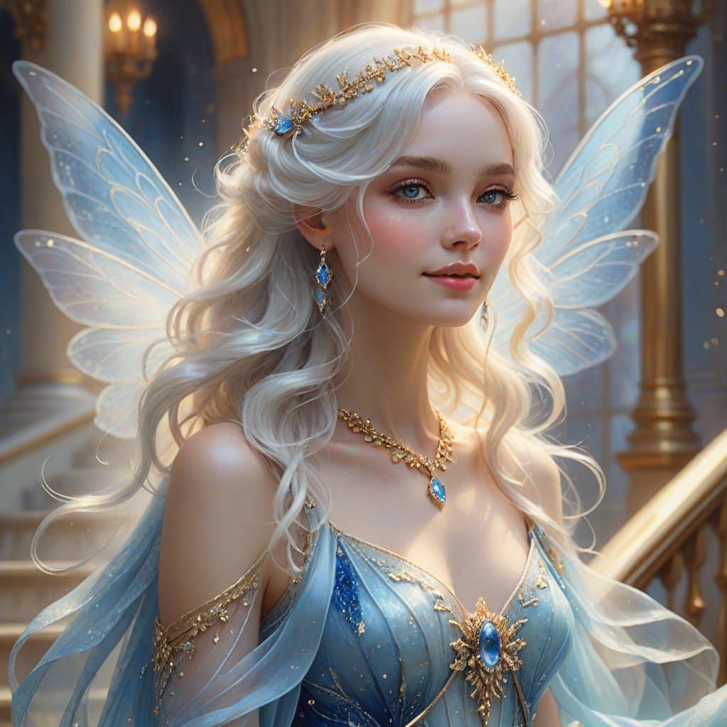 Enchanting Fairy Descends Royal Staircase in Dreamy Hyper-Re...