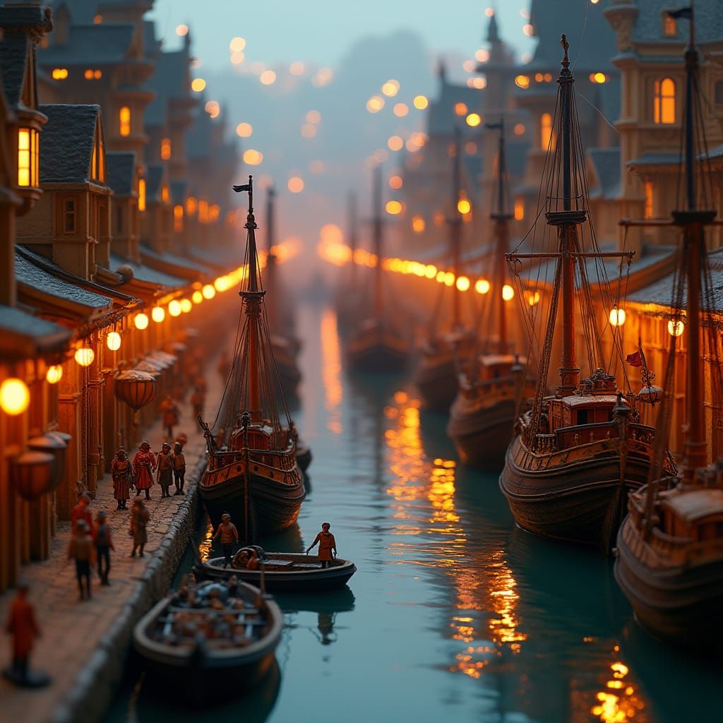 Miniature Batavia Harbor Scene with Retro-Futuristic Neon