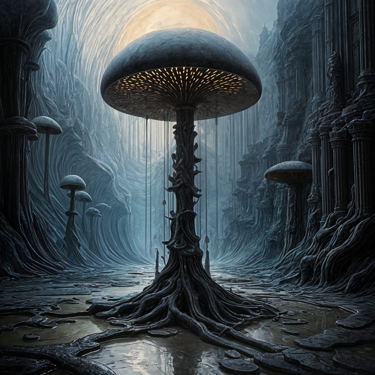 Surrealist Mushroom Merges with Marble Floor