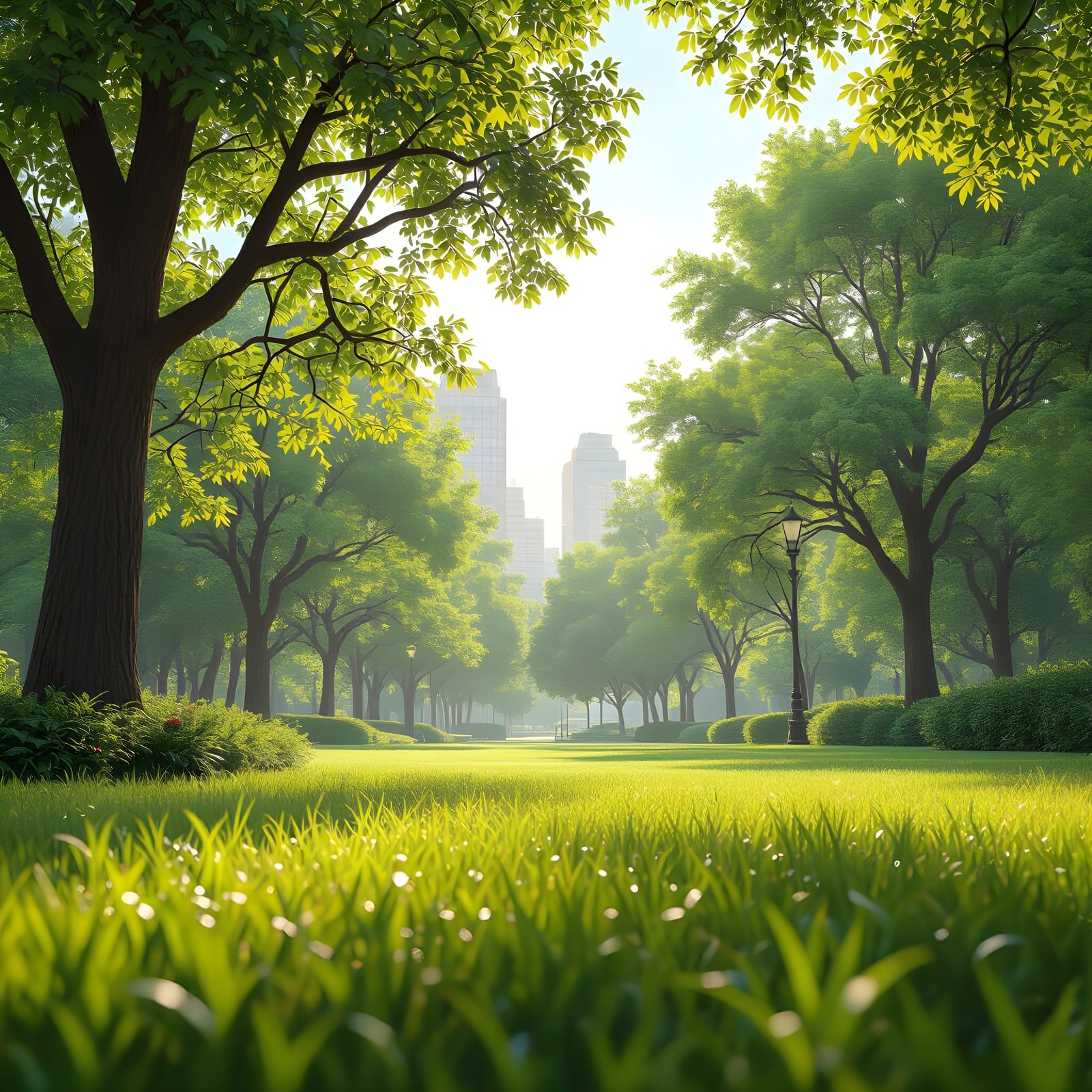 Worm's-Eye View of Lush City Park with Sunlight