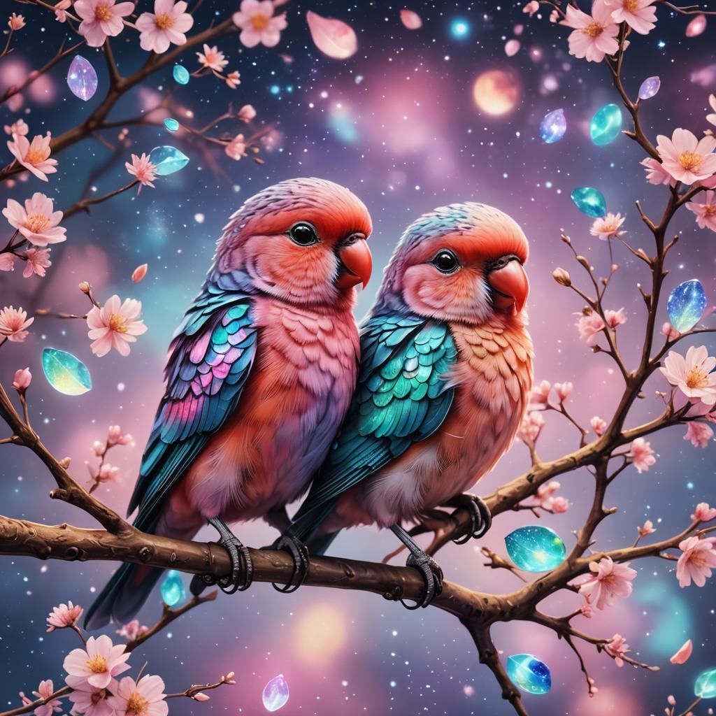 Adorable Lovebirds in Photorealistic Cosmic Illustration