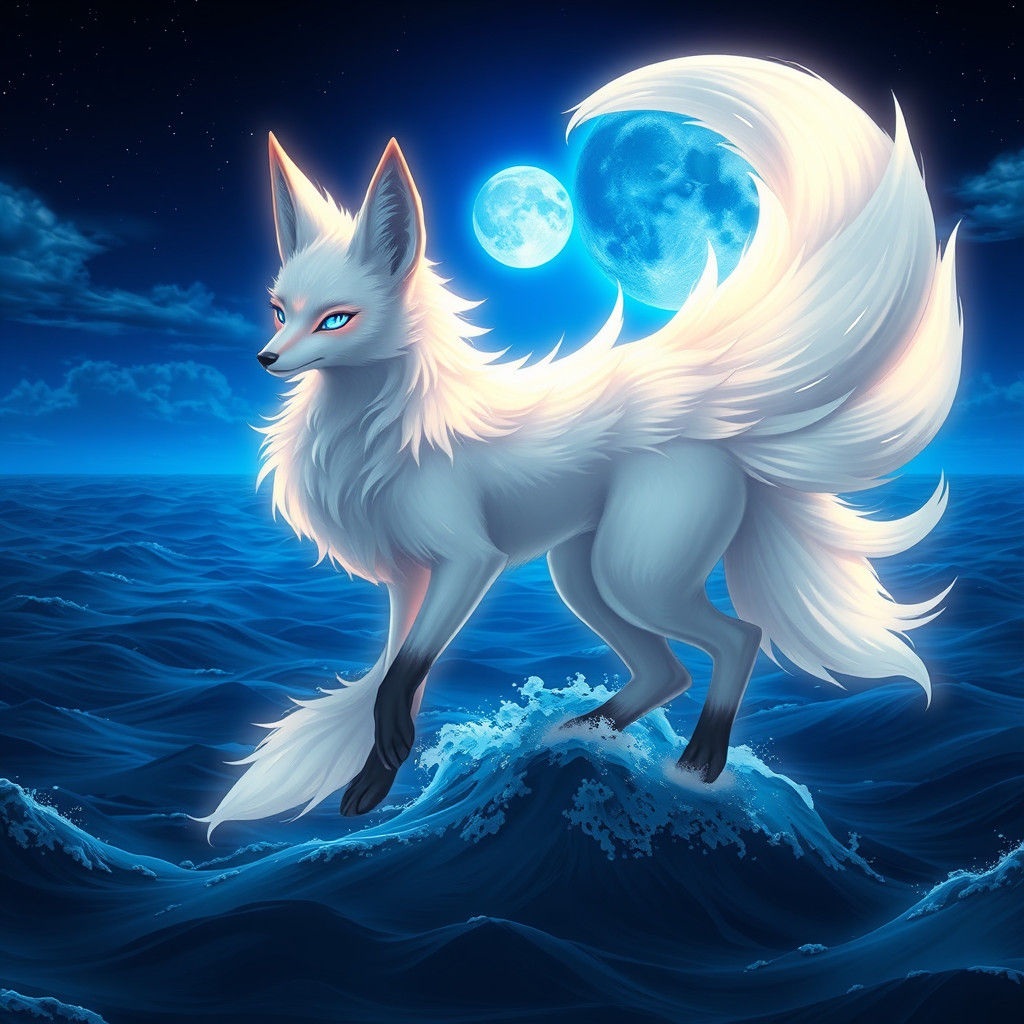 Ethereal Nine-Tailed Fox Under Blue Moon