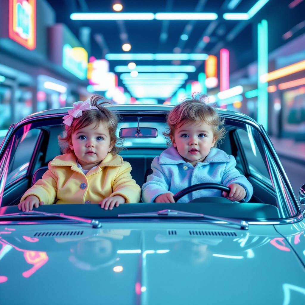 Toddlers Drive Vintage Car in Retro-Futuristic Neonscape